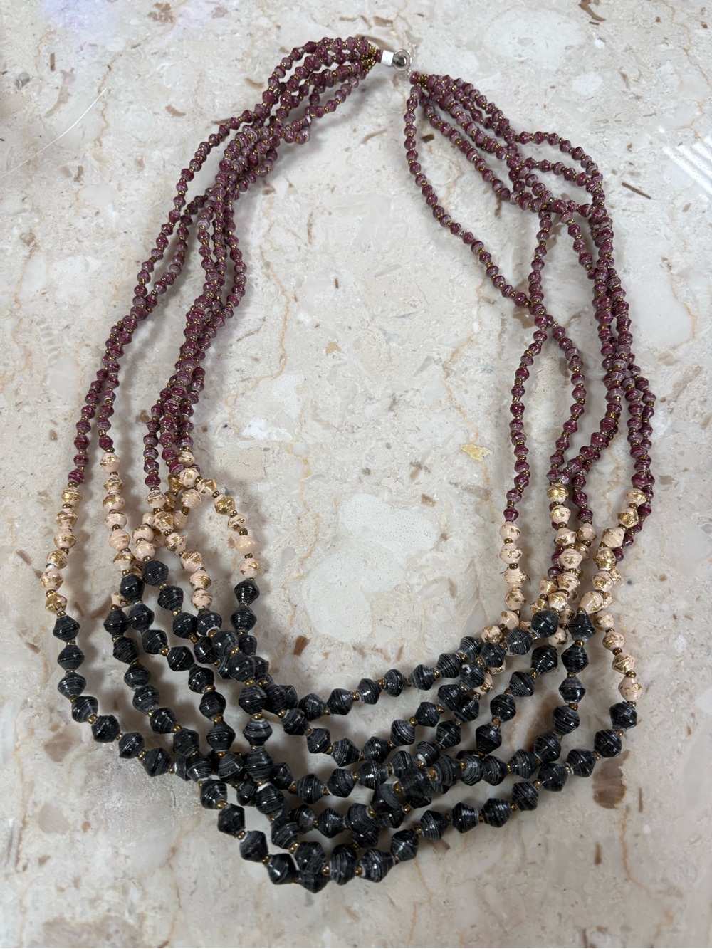 UE Layered Bead Necklace in Burgundy, Black & Gold